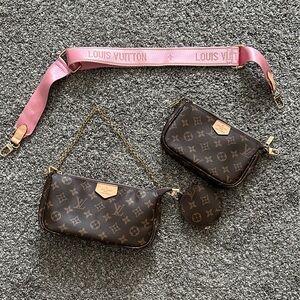 Louis Vuitton Brown Monogram Crossbody Bag Set with Pink Strap